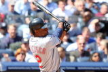 NEW YORK - APRIL 16:  Ben Francisco #12 of the Cleveland Indians bats against the New York Yankees during opening day at the new Yankee Stadium on April 16, 2009 in the Bronx borough of New York City. This is the first regular season MLB game being played at the new venue which replaced the old Yankee Stadium as the Yankees home field.  (Photo by Jim McIsaac/Getty Images)