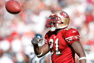 SAN FRANCISCO - OCTOBER 12: Running back Frank Gore #21 of the San Francisco 49ers celebrates a 6-yard touchdown run against the Philadelphia Eagles during their game on October 12, 2008 at Candlestick Park in San Francisco, California. Philadelphia won 40-26. (Photo by Greg Trott/Getty Images)