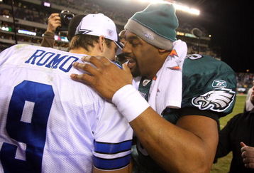 PHILADELPHIA - DECEMBER 28:  Donovan McNabb #5 of the Philadelphia Eagles talks with Tony Romo #9 of the Dallas Cowboys after their game on December 28, 2008 at Lincoln Financial Field in Philadelphia, Pennsylvania. The Eagles defeated the Cowboys 44-6.  (Photo by Jim McIsaac/Getty Images)