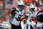 DENVER - SEPTEMBER 14:  Defensive end Luis Castillo #93 of the San Diego Chargers defends against the Denver Broncos during NFL action at Invesco Field at Mile High on September 14, 2008 in Denver, Colorado. The Broncos defeated the Chargers 39-38.  (Photo by Doug Pensinger/Getty Images)