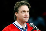 MONTREAL- NOVEMBER 22:   Former Montreal Canadiens goalie Patrick Roy speaks to fans during his retirement ceremony before the game against the Boston Bruins at the Bell Centre on November 22, 2008 in Montreal, Quebec, Canada.  (Photo by Richard Wolowicz/Getty Images)
