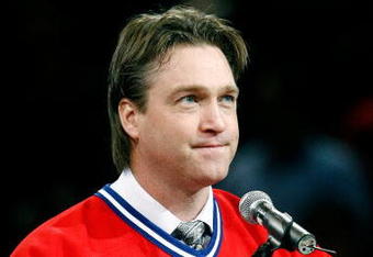 MONTREAL- NOVEMBER 22:   Former Montreal Canadiens goalie Patrick Roy speaks to fans during his retirement ceremony before the game against the Boston Bruins at the Bell Centre on November 22, 2008 in Montreal, Quebec, Canada.  (Photo by Richard Wolowicz/Getty Images)