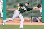 MESA, AZ - MARCH 03:  Jack Cust #32 of the Oakland Athletics makes a lundging catch during the spring training against the Chicago Cubs game at HoHoKam Park on March 3, 2009 in Mesa, Arizona. The Cubs defeated the A's 6-4.  (Photo by Christian Petersen/Getty Images)