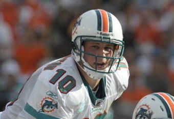 MIAMI, FL - JANUARY 4:  Quarterback Chad Pennington #10 of the Miami Dolphins sets for a play against the Baltimore Ravens in an NFL Wildcard Playoff Game at Dolphins Stadium on January 4, 2009 in Miami, Florida.  (Photo by Al Messerschmidt/Getty Images) 