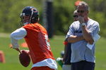 LAKE FOREST, IL - MAY 20: Jay Cutler #6 of the Chicago Bears drops back to pass as offensive coordinator Ron Turtner watches during an organized team activity (OTA) practice on May 20, 2009 at Halas Hall in Lake Forest, Illinois. (Photo by Jonathan Daniel/Getty Images)