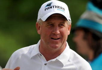 CHARLOTTE,NC- MAY 1: Head Coach John Fox (R) smiles as he talks to some fans after the minicamp practice  at the team's practice facility on May 1, 2009 in Charlotte, North Carolina. (Photo by Steve Dykes/Getty Images)