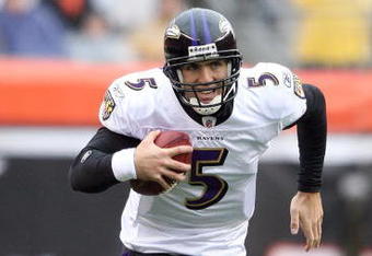 CINCINNATI - NOVEMBER 30:  Quarterback Joe Flacco #5 of the Baltimore Ravens runs with the ball during their NFL game against the Cincinnati Bengals on November 30, 2008 at Paul Brown Stadium in Cincinnati, Ohio. The Ravens defeated the Bengals 34-3.(Photo by Andy Lyons/Getty Images)