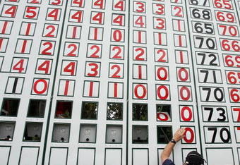 ORLANDO, FL - MARCH 29:  A volunteer changes numbers on a leaderboard during the weather-delayed  final round of the Arnold Palmer Invitational at the Bay Hill Club & Lodge on March 29, 2009 in Orlando, Florida.  (Photo by Doug Benc/Getty Images)
