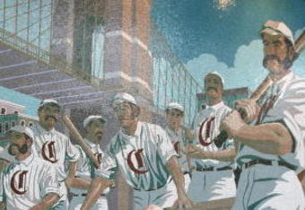 CINCINNATI - MARCH 31:  Men dressed as members of the  1869 Red Stockings team pose with a young fan in front of a mural before the Cincinnati Reds game against the Arizona Diamondbacks on March 31, 2008 at Great American Ball Park in Cincinnati, Ohio.  (Photo by Andy Lyons/Getty Images)