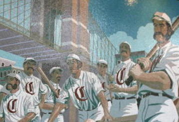 CINCINNATI - MARCH 31:  Men dressed as members of the  1869 Red Stockings team pose with a young fan in front of a mural before the Cincinnati Reds game against the Arizona Diamondbacks on March 31, 2008 at Great American Ball Park in Cincinnati, Ohio.  (Photo by Andy Lyons/Getty Images)