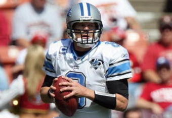 SAN FRANCISCO - SEPTEMBER 21:  Jon Kitna #8 of the Detroit Lions drops back to pass during the game against the San Francisco 49ers on September 21, 2008 at Candlestick Park in San Francisco, California. (Photo by Jed Jacobsohn/Getty Images)