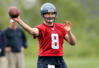 RENTON, WA - MAY 2:  Matt Hasselbeck #8 of the Seattle Seahawks throws the ball during minicamp at the Seahawks training facility on May 2, 2009 in Renton, Washington. (Photo by Otto Greule Jr/Getty Images) 