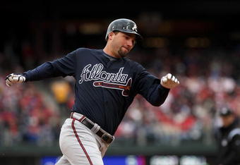 PHILADELPHIA - APRIL 08:  Jeff Francoeur #7 of the Atlanta Braves runs the bases against the Philadelphia Phillies at Citizens Bank Park on April 8, 2009 in Philadelphia, Pennsylvania.  (Photo by Nick Laham/Getty Images)