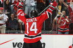 NEWARK, NJ - APRIL 28: Brian Gionta #14 of the New Jersey Devils celebrates a goal by Brian Rolston #12 (not shown) against the Carolina Hurricanes during Game Seven of the Eastern Conference Semifinal Round of the 2009 Stanley Cup Playoffs at the Prudential Center on April 28, 2009 in Newark, New Jersey. The Hurricanes defetaed the Devils 4-3.  (Photo by Bruce Bennett/Getty Images)