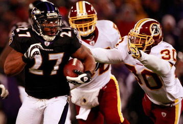 BALTIMORE - DECEMBER 07:  Running back Ray Rice #27 of the Baltimore Ravens eludes Washington Redskins safety LaRon Landry #30 in first quarter against the Washington Redskins December 7, 2008 at M&T Bank Stadium in Baltimore, Maryland.  (Photo by Win McNamee/Getty Images)