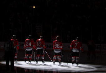 CHICAGO - MAY 24:  (L-R) Duncan Keith #2, Martin Havlat #24, Andrew Ladd #16, Dave Bolland #36 and Brent Seabrook #7 of the Chicago Blackhawks stand on the ice for the performing of the UNited STates National Anthem against the Detroit Red Wings during Game Four of the Western Conference Championship Round of the 2009 Stanley Cup Playoffs on May 24, 2009 at the United Center in Chicago, Illinois.  (Photo by Jonathan Daniel/Getty Images)