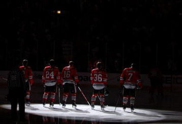 CHICAGO - MAY 24:  (L-R) Duncan Keith #2, Martin Havlat #24, Andrew Ladd #16, Dave Bolland #36 and Brent Seabrook #7 of the Chicago Blackhawks stand on the ice for the performing of the UNited STates National Anthem against the Detroit Red Wings during Game Four of the Western Conference Championship Round of the 2009 Stanley Cup Playoffs on May 24, 2009 at the United Center in Chicago, Illinois.  (Photo by Jonathan Daniel/Getty Images)