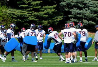 ENGLEWOOD, CO - MAY 03:  Members of the offensive line participate in practice at Denver Broncos Minicamp at the Broncos training facility on May 3, 2009 in Englewood, Colorado.  (Photo by Doug Pensinger/Getty Images)