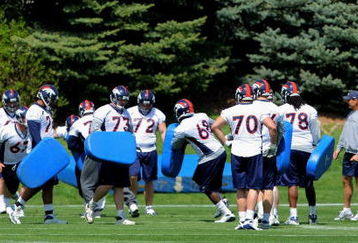 ENGLEWOOD, CO - MAY 03:  Members of the offensive line participate in practice at Denver Broncos Minicamp at the Broncos training facility on May 3, 2009 in Englewood, Colorado.  (Photo by Doug Pensinger/Getty Images)
