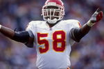 14 Dec 1997:  Outside lineback Derrick Thomas #58 of the Kansas City Chiefs celebrates during a game against the San Diego Chargers at the Qualcomm Stadium in San Diego, California. The Chiefs defeated the Chargers 29-7. Mandatory Credit: Jed Jacobsohn  /
