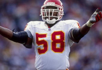 14 Dec 1997:  Outside lineback Derrick Thomas #58 of the Kansas City Chiefs celebrates during a game against the San Diego Chargers at the Qualcomm Stadium in San Diego, California. The Chiefs defeated the Chargers 29-7. Mandatory Credit: Jed Jacobsohn  /