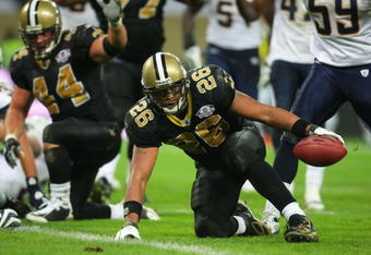 LONDON - OCTOBER 26: Deuce McAllister of New Orleans Saints scores a touchdown during the Bridgestone International Series NFL match between San Diego Chargers and New Orleans Saints at Wembley Stadium on October 26, 2008 in London, England.  (Photo by Stu Forster/Getty Images)