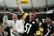 INDIANAPOLIS - JANUARY 15:  Fans of the Pittsburgh Steelers celebrate the Steelers 21-18 win over the Inidanapolis Colts during the AFC Divisional Playoffs January 15, 2006 at the RCA Dome in Indianapolis, Indiana.  (Photo by Andy Lyons/Getty Images)