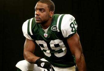 HEMPSTEAD, NY - MARCH 06: Jerricho Cotchery poses at the Jets training facility at Hofstra University on March 06, 2007 in Hempstead, New York. (Photo by Nick Laham/Getty Images