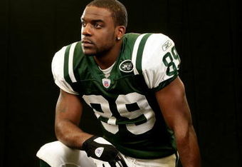 HEMPSTEAD, NY - MARCH 06: Jerricho Cotchery poses at the Jets training facility at Hofstra University on March 06, 2007 in Hempstead, New York. (Photo by Nick Laham/Getty Images