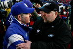 EAST RUTHERFORD, NJ - JANUARY 11:  Head coach Tom Coughlin #10 of the New York Giants shakes hands with head coach Andy Reid of the Philadelphia Eagles after the NFC Divisional Playoff Game on January 11, 2009 at Giants Stadium in East Rutherford, New Jersey.  (Photo by Al Bello/Getty Images)