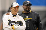 PITTSBURGH - MAY 01:  Head coach Mike Tomlin of the Pittsburgh Steelers watches practice alongside defensive coordinator Dick LeBeau during rookie training camp at the Pittsburgh Steelers Practice Facility on May 1, 2009 in Pittsburgh, Pennsylvania.  (Photo by Joe Sargent/Getty Images)