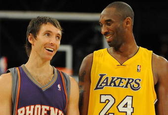 LOS ANGELES, CA - DECEMBER 10:  Steve Nash #13 of the Phoenix Suns laughs with Kobe Bryant #24 of the Los Angeles Lakers during the second half at the Staples Center on December, 10 2008 in Los Angeles, California.   NOTE TO USER: User expressly acknowledges and agrees that, by downloading and/or using this Photograph, user is consenting to the terms and conditions of the Getty Images License Agreement.  (Photo by Harry How/Getty Images)