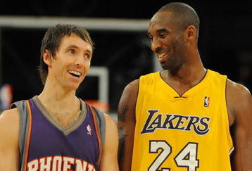 LOS ANGELES, CA - DECEMBER 10:  Steve Nash #13 of the Phoenix Suns laughs with Kobe Bryant #24 of the Los Angeles Lakers during the second half at the Staples Center on December, 10 2008 in Los Angeles, California.   NOTE TO USER: User expressly acknowledges and agrees that, by downloading and/or using this Photograph, user is consenting to the terms and conditions of the Getty Images License Agreement.  (Photo by Harry How/Getty Images)