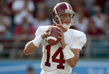 JACKSONVILLE, FL - SEPTEMBER 29: Quarterback John Parker Wilson #4 of the University of Alabama rolls out against the Florida State University September 29, 2007 at Jacksonville Municipal Stadium in Jacksonville, Florida. (Photo by Marc Serota/Getty Images) 