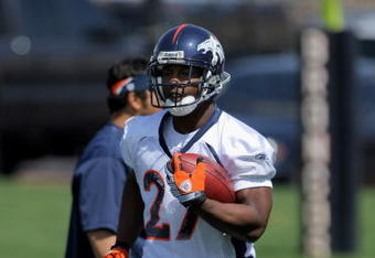 ENGLEWOOD, CO - MAY 03:  First round draft pick running back Knowshon Moreno #27 of Denver Broncos participates in practice at minicamp at the Broncos training facility on May 3, 2009 in Englewood, Colorado.  (Photo by Doug Pensinger/Getty Images)
