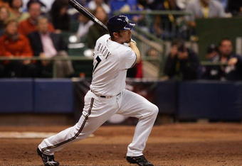 MILWAUKEE - OCTOBER 04: J.J. Hardy #7 of the Milwaukee Brewers bats against the Philadelphia Phillies in Game three of the NLDS during the 2008 MLB playoffs at Miller Park on October 4, 2008 in Milwaukee, Wisconsin. (Photo by Jim McIsaac/Getty Images) 