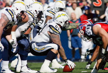 ORCHARD PARK - OCTOBER 19:  Center Nick Hardwick #61 of the San Diego Chargers gets ready to hike the ball during the game against the Buffalo Bills on October 19, 2008 at Ralph Wilson Stadium in Orchard Park, New York.  (Photo by: Rick Stewart/Getty Images)