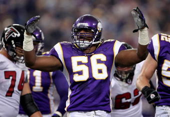 MINNEAPOLIS, MN - SEPTEMBER 09:  E.J. Henderson #56 of the Minnesota Vikings celebrates a first quarter tackle against the Atlanta Falcons as the Vikings defeated the Falcons 24-3 at the Metrodome on September 9, 2007 in Minneapolis, Minnesota.  (Photo by Doug Pensinger/Getty Images)