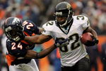DENVER - OCTOBER 12:  Running back Maurice Jones-Drew #32 of the Jacksonville Jaguars runs the ball and tries to hold off cornerback Champ Bailey #24 of the Denver Broncos during NFL action at Invesco Field at Mile High on October 12, 2008 in Denver, Colorado. The Jaguars defeated the Broncos 24-17.  (Photo by Doug Pensinger/Getty Images)