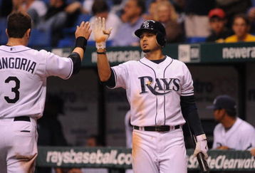 ST. PETERSBURG, FL - APRIL 30: Shortstop Jason Bartlett #8 of the Tampa Bay Rays celebrates a run by infielder Evan Longoria #3  against the Boston Red Sox April 30, 2009 at Tropicana Field in St. Petersburg, Florida.  (Photo by Al Messerschmidt/Getty Images)