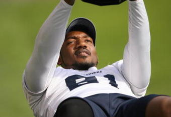 RENTON, WA - MAY 2:  Baraka Atkins #91 of the Seattle Seahawks works out during minicamp at the Seahawks training facility on May 2, 2009 in Renton, Washington. (Photo by Otto Greule Jr/Getty Images) 