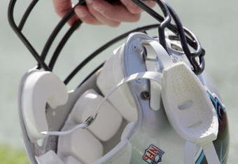KANSAS CITY, MO - SEPTEMBER 19: Players around the NFL wear the number 40 on the back of their helmets in honor of the late Pat Tillman of the Arizona Cardinals as displayed by Jason Kyle #56 of the Carolina Panthers at Arrowhead Stadium on September 19, 2004 in Kansas City, Missouri. (Photo by Elsa/Getty Images)