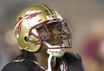 TALLAHASSEE, FL - OCTOBER 27: Wide receiver Richard Goodman #9 of the Florida State Seminoles warms up before play against the Duke Blue Devils at Doak Campbell Stadium on October 27, 2007 in Tallahassee, Florida.  FSU won 25-6. (Photo by Al Messerschmidt/Getty Images) *** Local Caption ***
