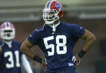 ORCHARD PARK, NY - MAY 01: Aaron Maybin #58, 2009 first round draft pick of the Buffalo Bills waits in between plays during Buffalo Bills minicamp at the Buffalo Bills Fieldhouse on May 1, 2009 in Orchard Park, New York.  (Photo by Rick Stewart/Getty Images)