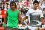 LONDON - JUNE 15:  Novak Djokovic of Serbia greets Rafael Nadal of Spain after Nadal won during the Men's Singles Final match against Rafael Nadal of Spain on Day 7 of the Artois Championships at Queen's Club on June 15, 2008 in London, England.  (Photo by Julian Finney/Getty Images)