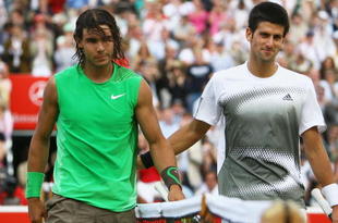 LONDON - JUNE 15:  Novak Djokovic of Serbia greets Rafael Nadal of Spain after Nadal won during the Men's Singles Final match against Rafael Nadal of Spain on Day 7 of the Artois Championships at Queen's Club on June 15, 2008 in London, England.  (Photo by Julian Finney/Getty Images)