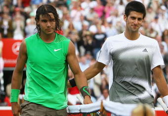 LONDON - JUNE 15:  Novak Djokovic of Serbia greets Rafael Nadal of Spain after Nadal won during the Men's Singles Final match against Rafael Nadal of Spain on Day 7 of the Artois Championships at Queen's Club on June 15, 2008 in London, England.  (Photo by Julian Finney/Getty Images)