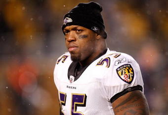 PITTSBURGH - JANUARY 18:  Terrell Suggs #55 of the Baltimore Ravens looks on after being defeated 23-14 by the Pittsburgh Steelers during the AFC championship game on January 18, 2009 at Heinz Field in Pittsburgh, Pennsylvania.  (Photo by Gregory Shamus/Getty Images)