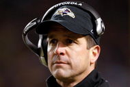 PITTSBURGH - JANUARY 18: Head coach John Harbaugh of the Baltimore Ravens looks on after he threw a challenge flag which over-turned a potential reception by the Pittsburgh Steelers during the AFC Championship game on January 18, 2009 at Heinz Field in Pittsburgh, Pennsylvania. (Photo by Streeter Lecka/Getty Images)