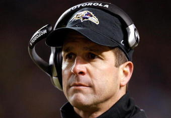 PITTSBURGH - JANUARY 18:  Head coach John Harbaugh of the Baltimore Ravens looks on after he threw a challenge flag which over-turned a potential reception by the Pittsburgh Steelers during the AFC Championship game on January 18, 2009 at Heinz Field in Pittsburgh, Pennsylvania.  (Photo by Streeter Lecka/Getty Images)
